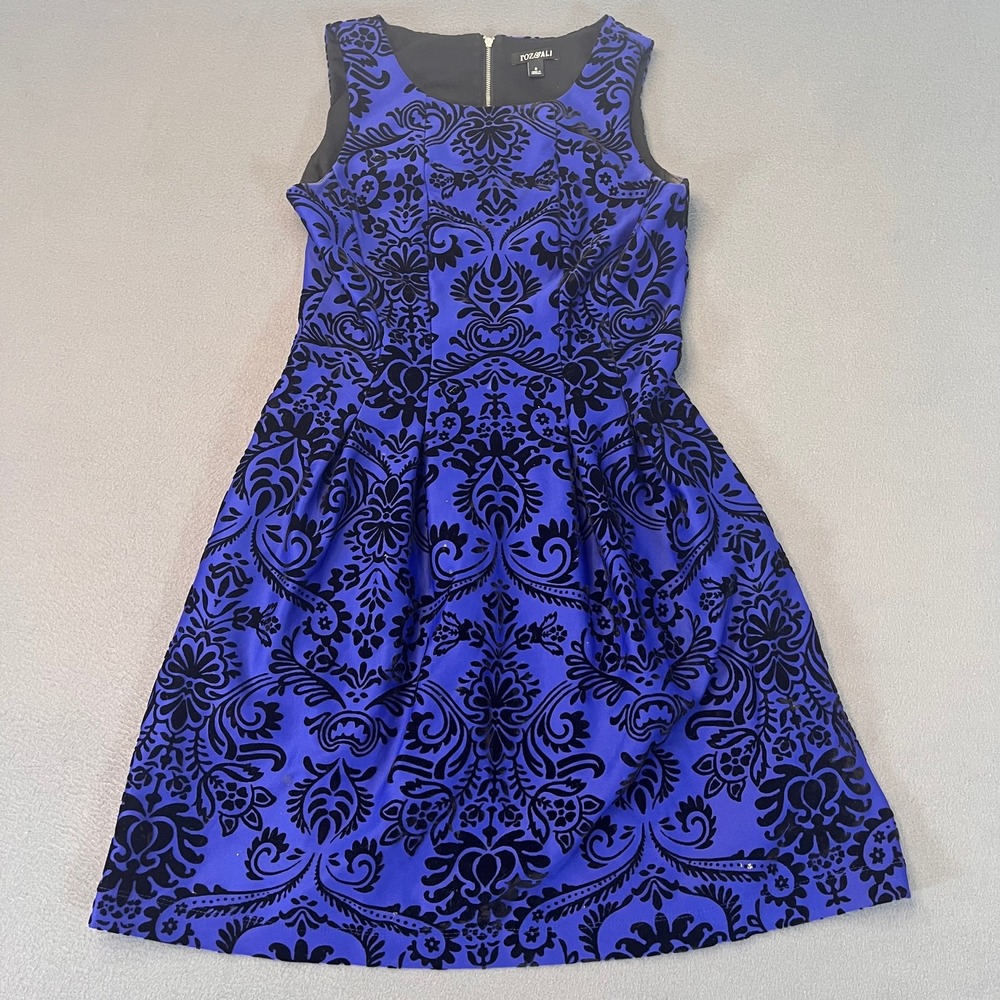 Roz & Ali Womens 8 Velvet Blue Black Midi Dress Pleated Floral Scroll‎ Fit Flare